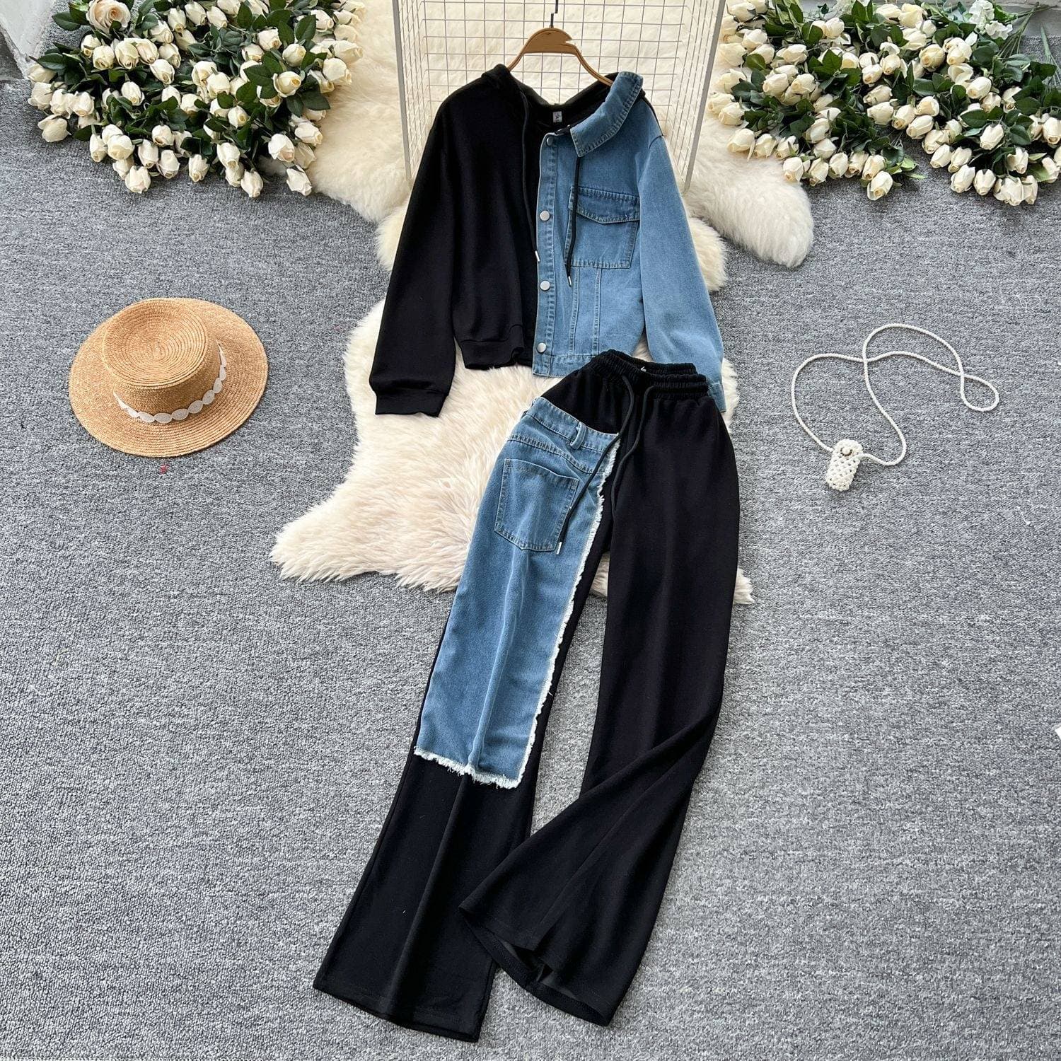 Women's Clothing Fashionable Design, Splicing Two Piece Hooded Sweatshirt, High Waist Denim Splicing Wide Leg Pants