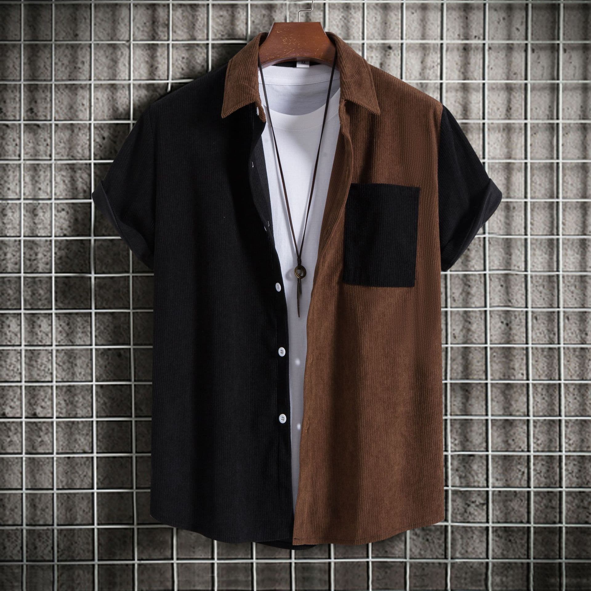 Men's Stitching Lapel Short Sleeve Shirt Corduroy Lapel Short Sleeve Shirt