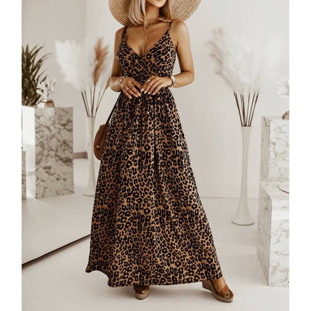 Women's New Leopard Print Sleeveless Dress Sexy V-Neck Holiday Suspender Long Dress