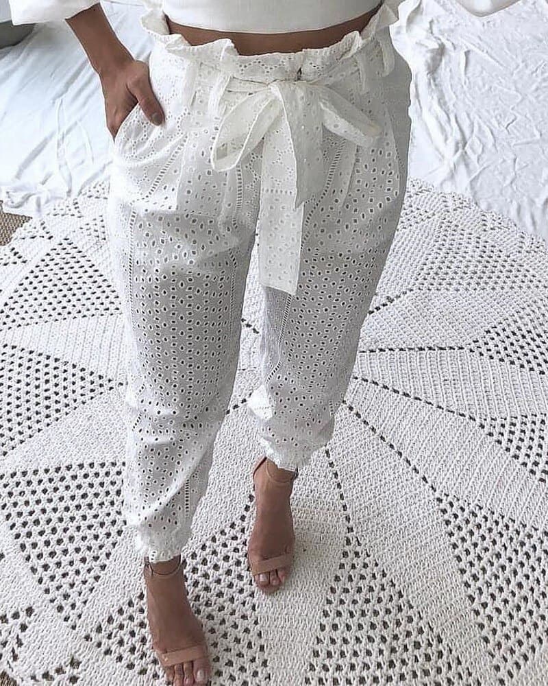 Women's Clothing Cotton Embroidery Lotus Waist Hole Tapered Trousers With Lining