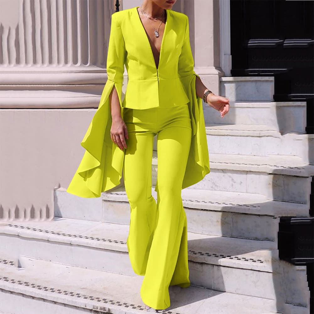 Women's goddess style fashionable suit jacket top high waist wide swing bell pants two-piece set for women