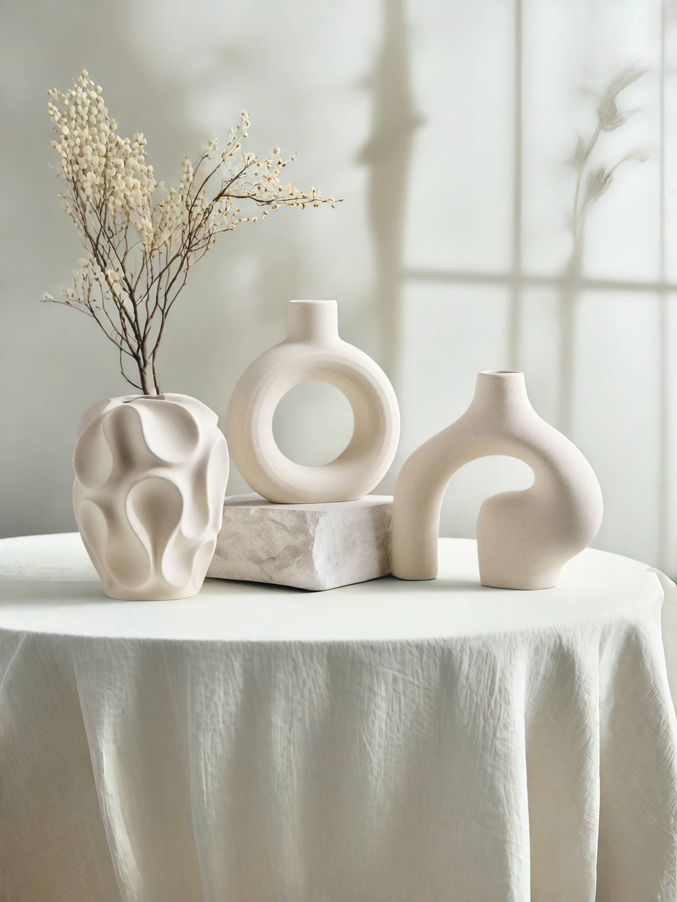 3PC White Ceramic Style Art Abstract Vase Set Can Hold Water Arrangement Vase Ornament Ornament Bottle