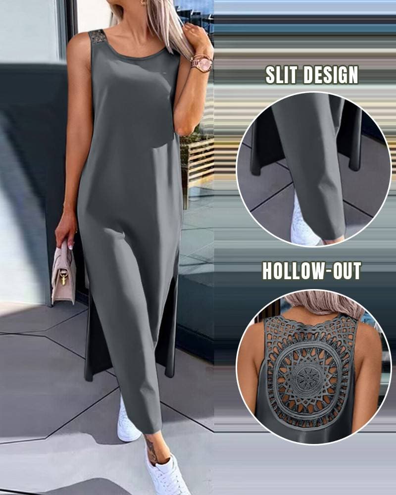 Women's Summer Solid Color Everyday Backless Hollow-Out Lace Sleeveless Slit Dress