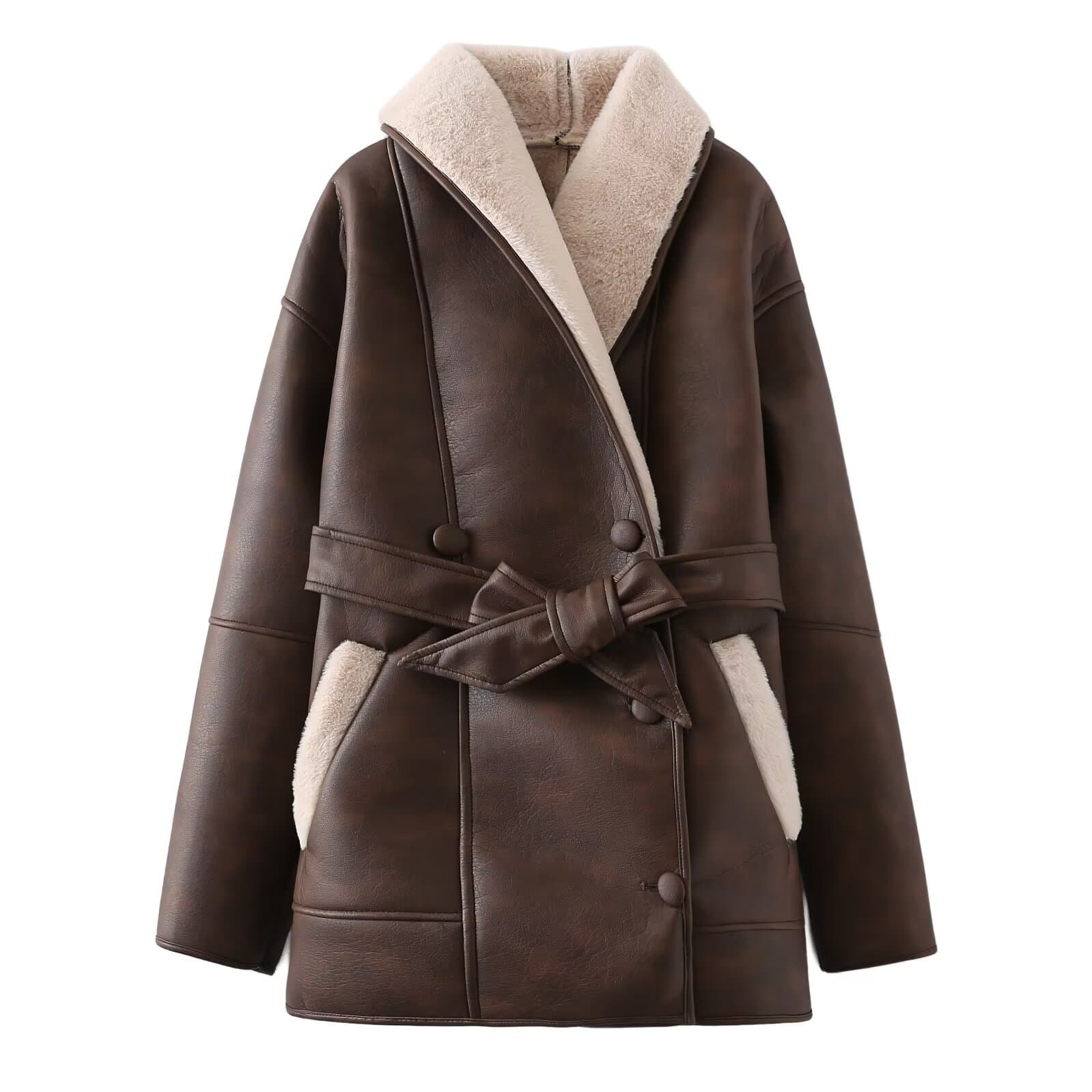 Women's Clothing 2024 Spring Festival new fashion cashmere leather fur collar composite belt coat