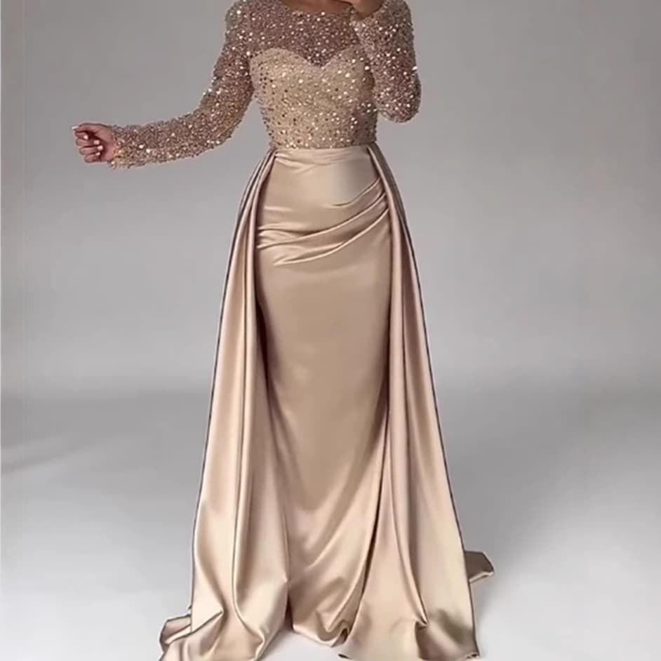 Women's Clothing Women's Banquet Long Sleeved Temperament Socialite Annual Meeting Host Aura Queen Sequined Evening Dress