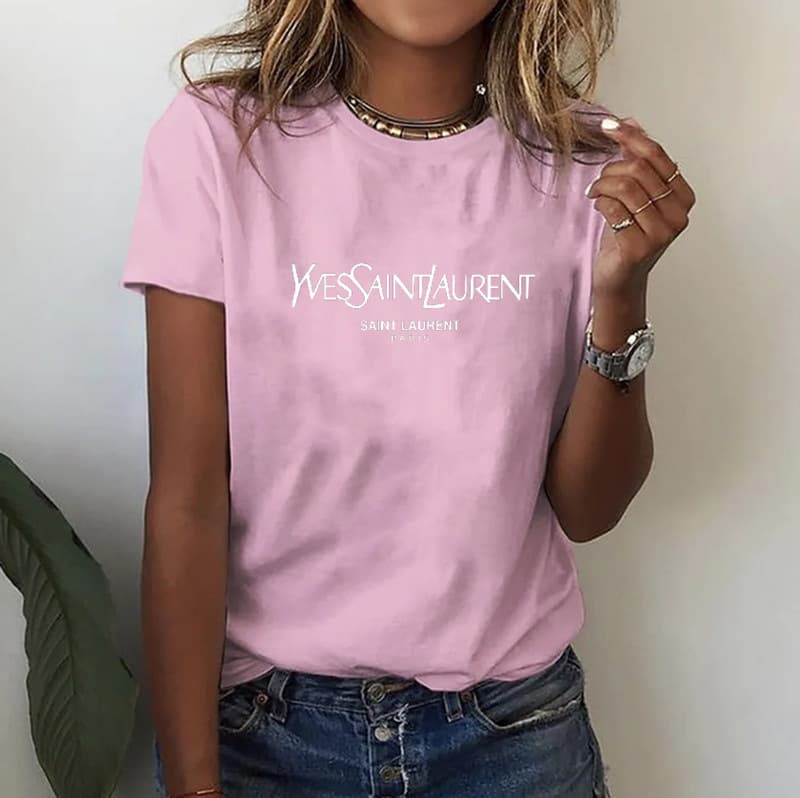 T-shirt imprimé décontracté à manches courtes YSL pour femme, style streetwear.