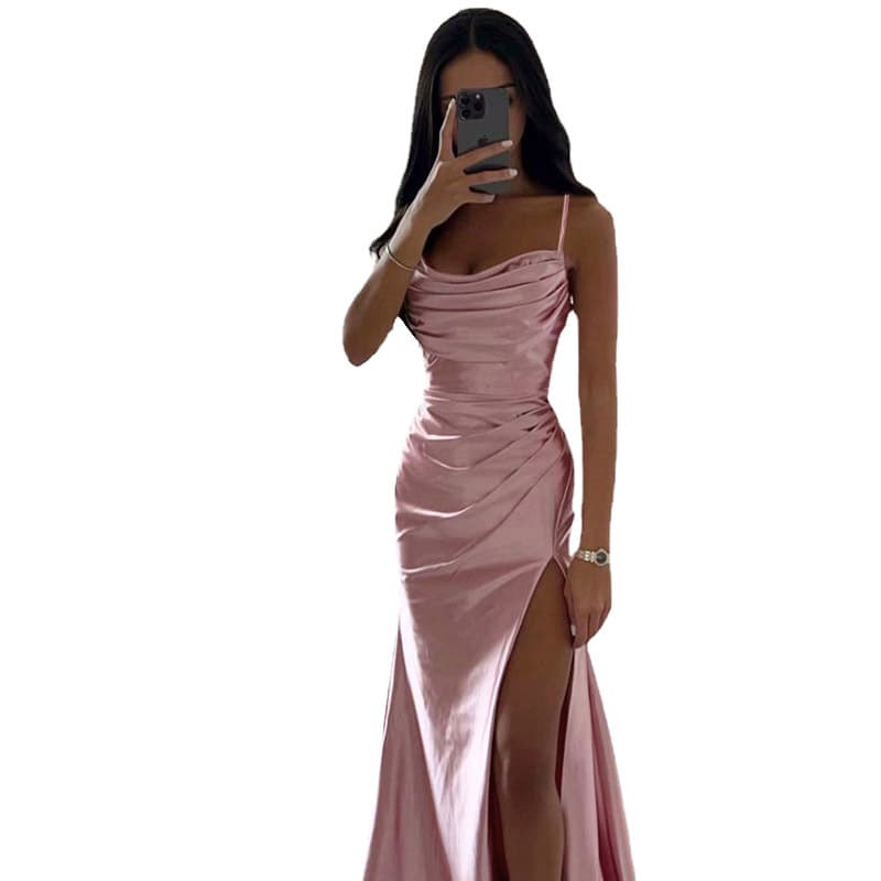 Tube Top Pleated Slit Satin Dress Skirt Sexy Slim Hip Wrap Dress
