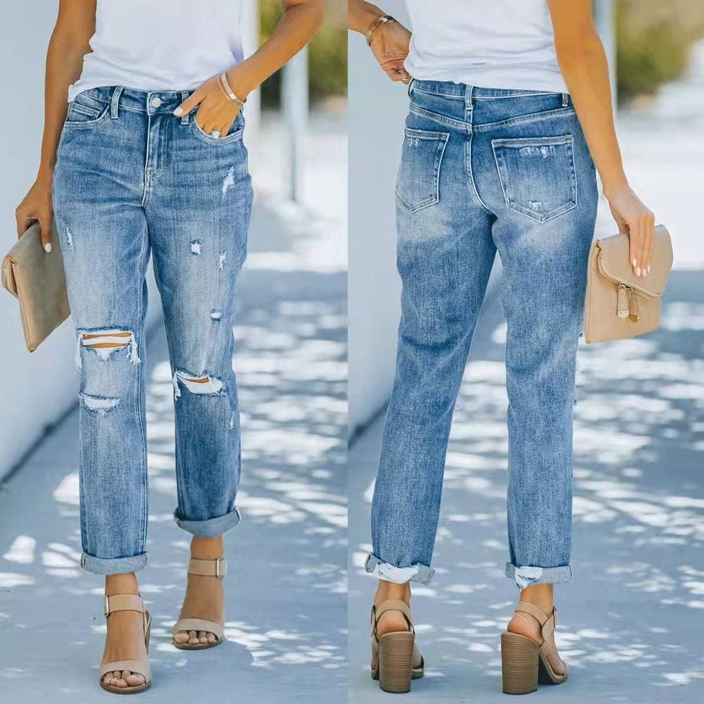 Women's clothing fashion trend ripped jeans women's trousers blue