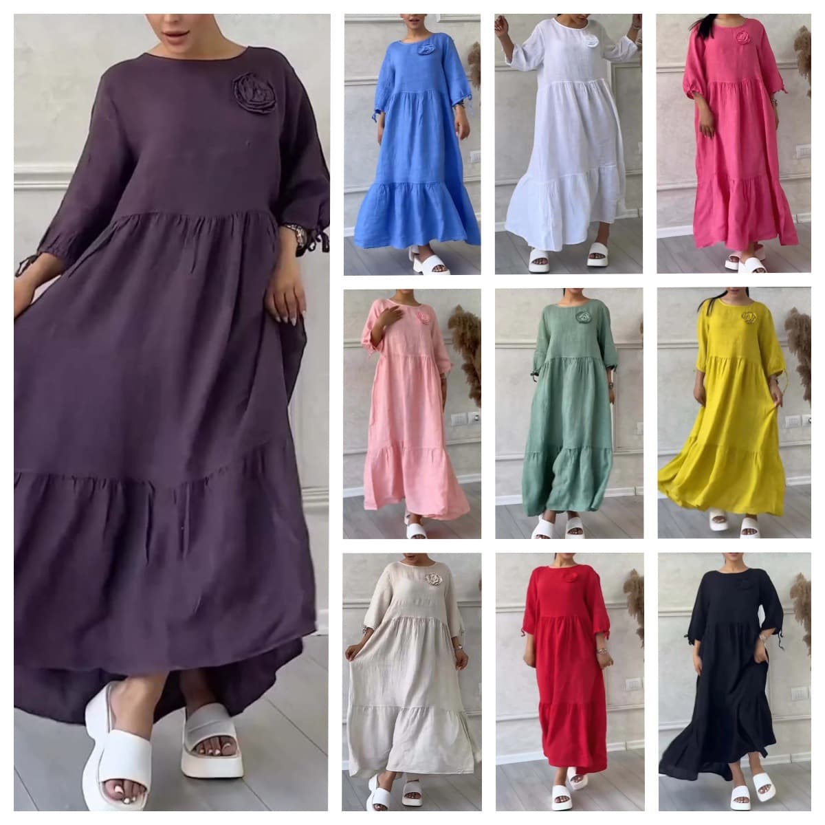 Casual Long Sleeve Smocked Back Tie-Detail Cotton Linen Summer Dress- Flowy A-Line Maxi Dress With Round Neck & Adjustable Drawstring
