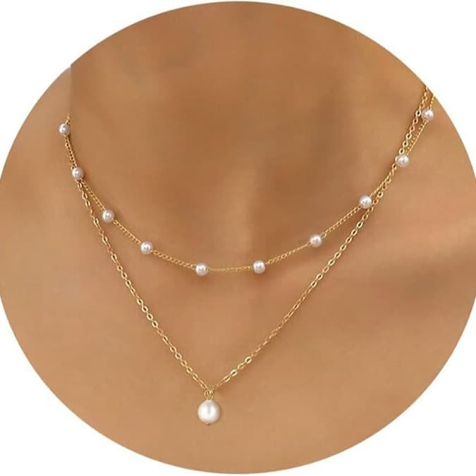 Hot Selling Real Gold Plated Brass Pearl Necklace Layered Design Double Layer Clavicle Chain For Women