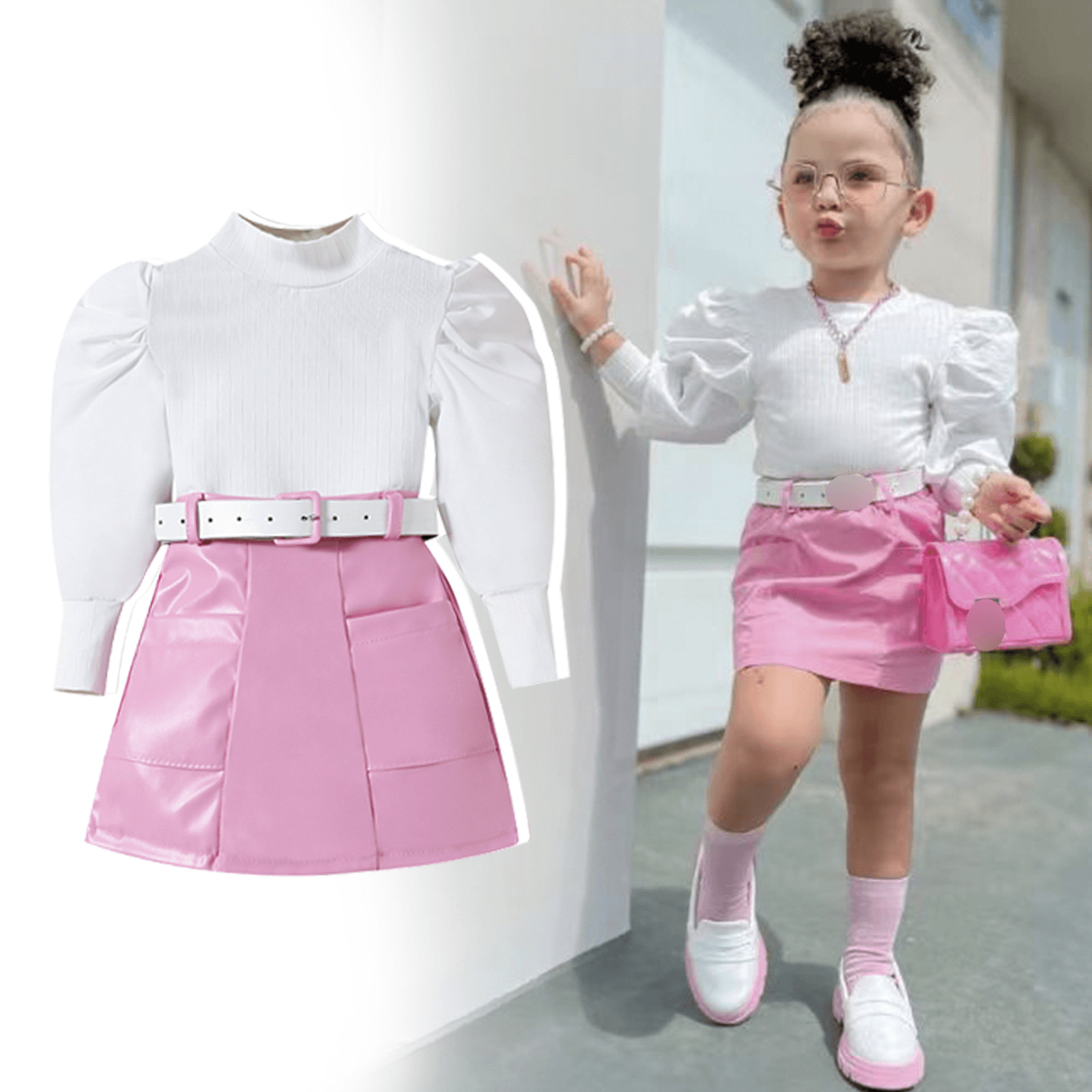 Kid's Clothing For Small And Medium Sized Girls, New Autumn Suits, Puff Sleeve Tops + Pu Leather Skirts + Belts, Three Piece Suits