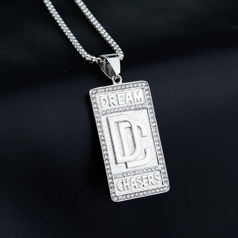 Pendentif carré en diamant DC pour homme, tendance rétro, collier hip-hop polyvalent