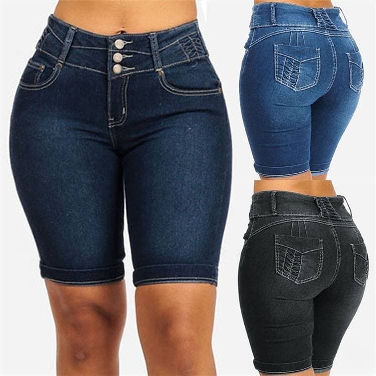 Women's Clothing Summer Fashion All Match Intellectual Goddess Cuff Shorts Slim Pocket Slim Hip Solid Color Jeans