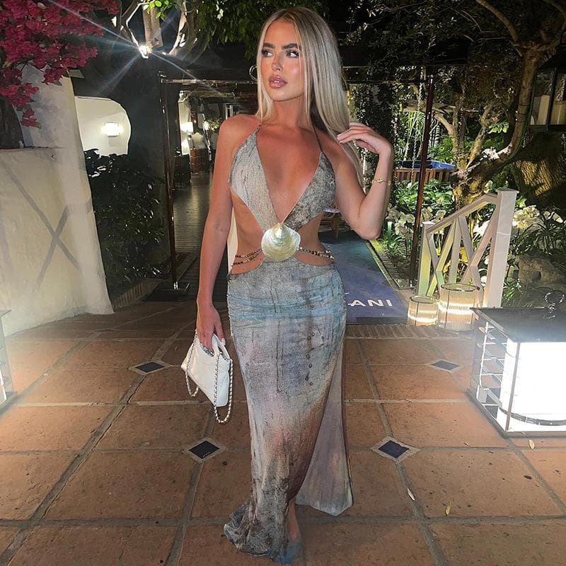 Elegant Summer V-Neck Backless Wrap Dress With High Waist & Stylish 3D Print – Trendy Streetwear For Women