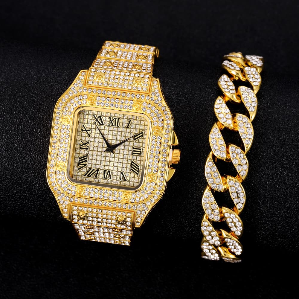 Men's Fashion Luxury Square Roman Diamond Steel Band Quartz Watch Oval Hip Hop Diamond Bracelet Men's Watch