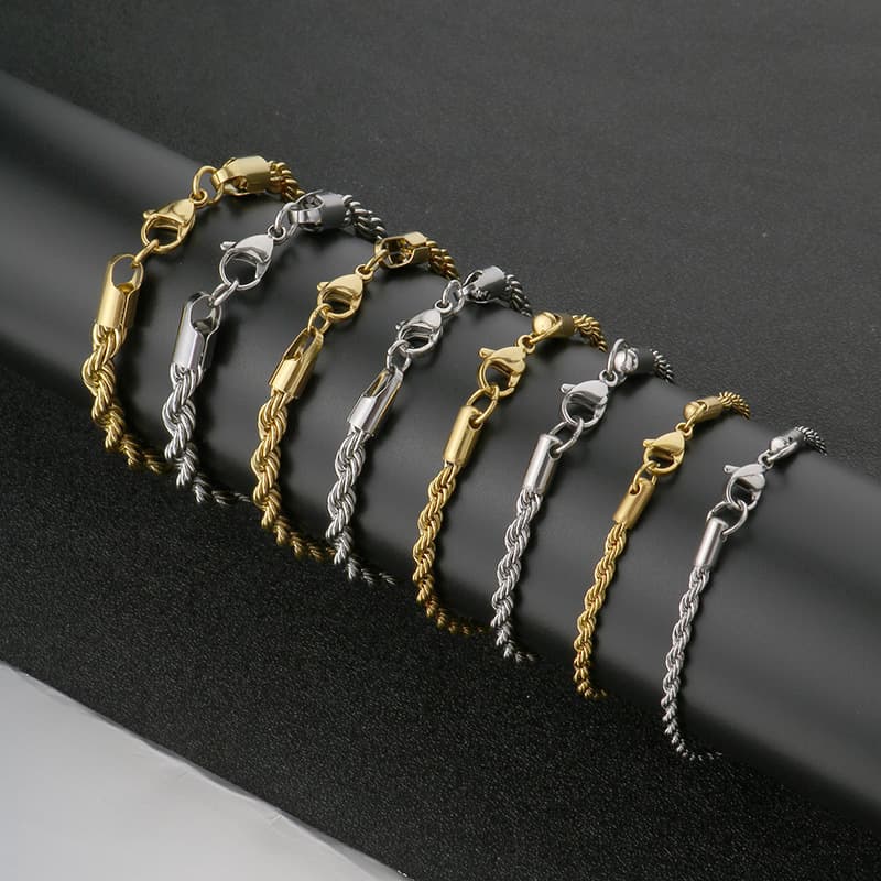 Bracelet pour homme, bracelet torsadé en corde, style populaire et simple, en acier inoxydable doré, bijou unisexe