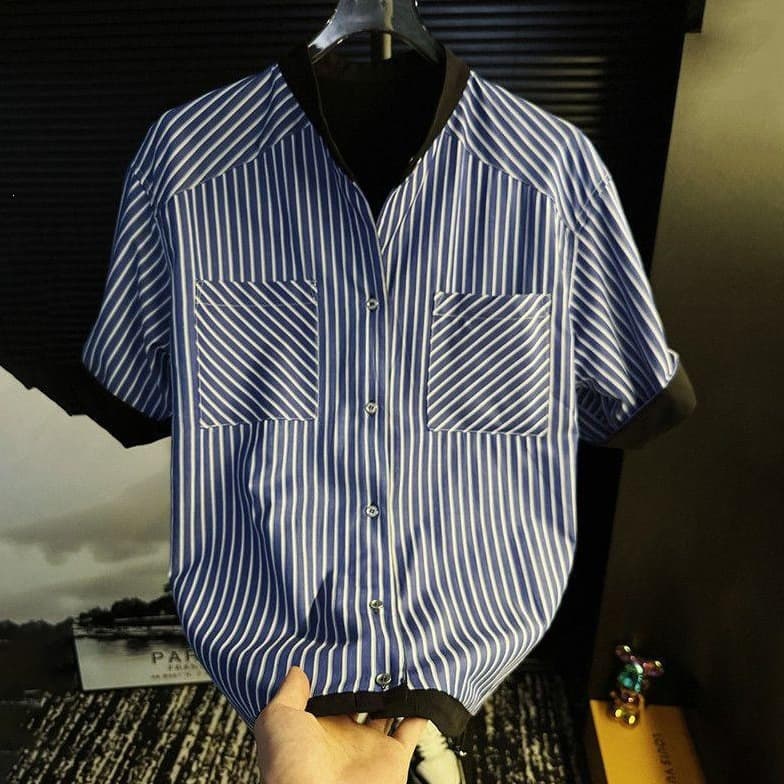 Trendy Men's Summer Striped Loose Fitting Short Sleeved Shirt Cool Edgy Style Top For Men