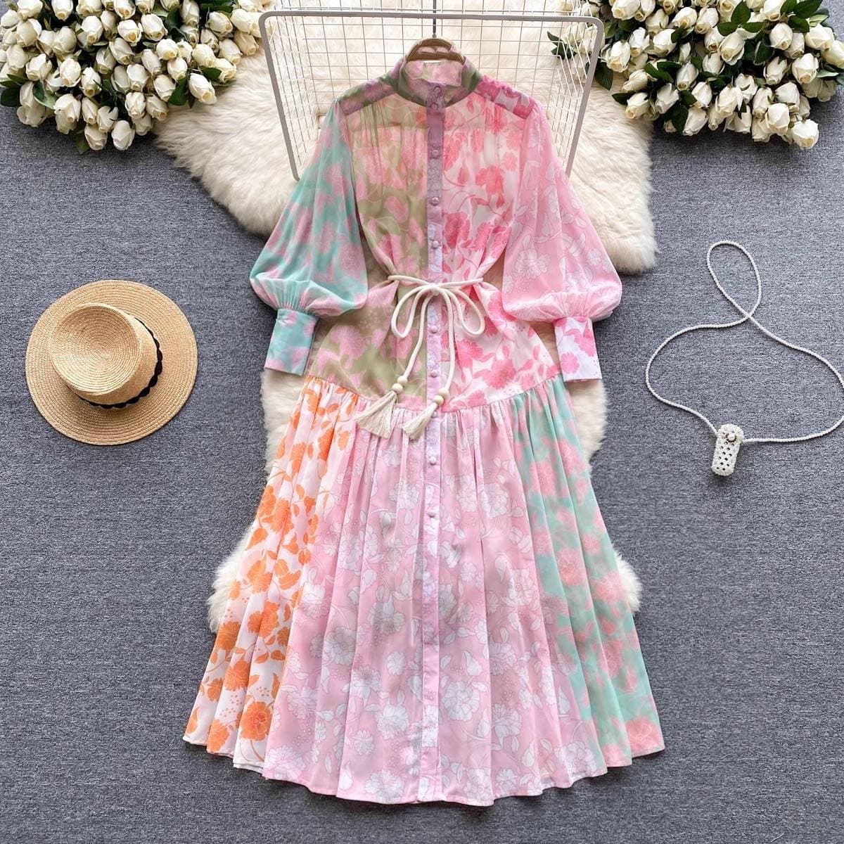 Women's Clothing fashion printed long skirt niche light mature style elegant waist long skirt