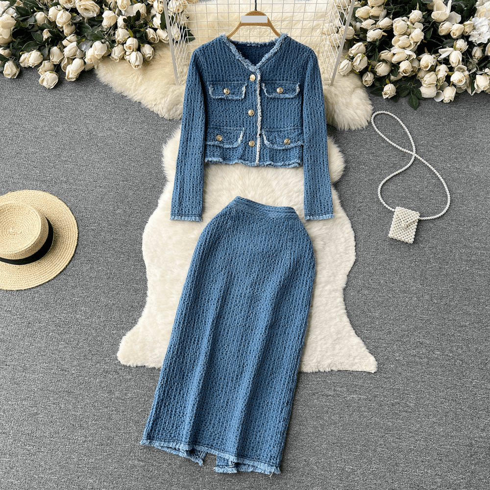 Women's Clothing Spring and autumn celebrity denim suit for women short denim jacket with raw edges + split skirt, two piece suit