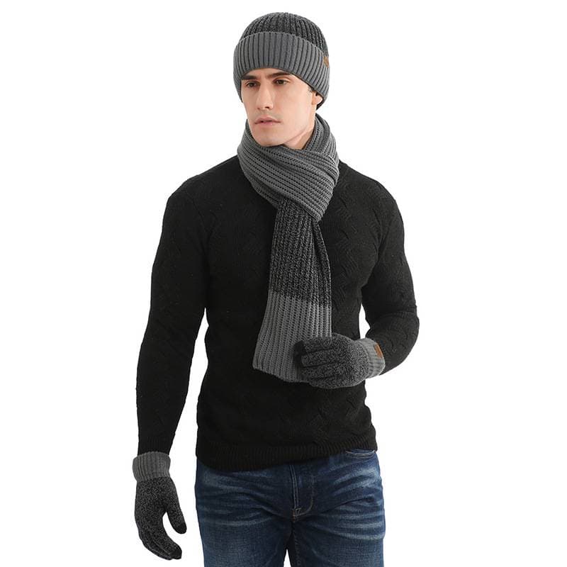 Autumn and Winter Thick Knitted Hat Warm Set New Men's and Women's Hats Scarf Gloves 3-Piece Set
