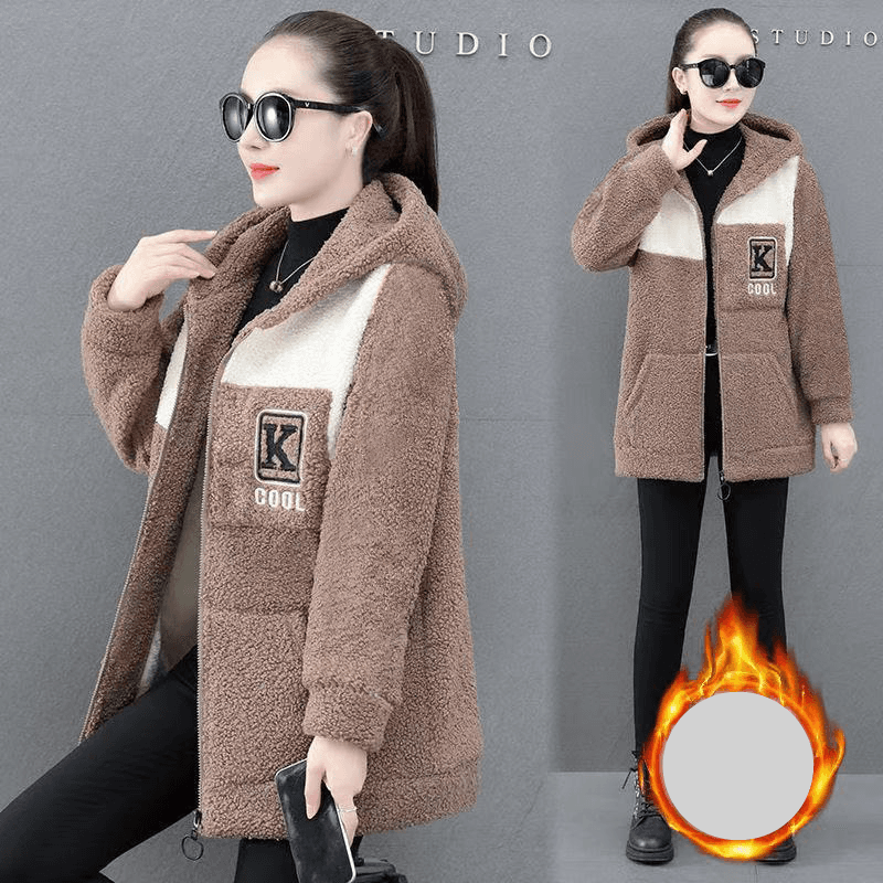 Women's Clothing Women's Mid Length Lambskin Jacket Autumn And Winter New Style Loose Versatile Tops Plus Velvet Thickened Sweatshirt
