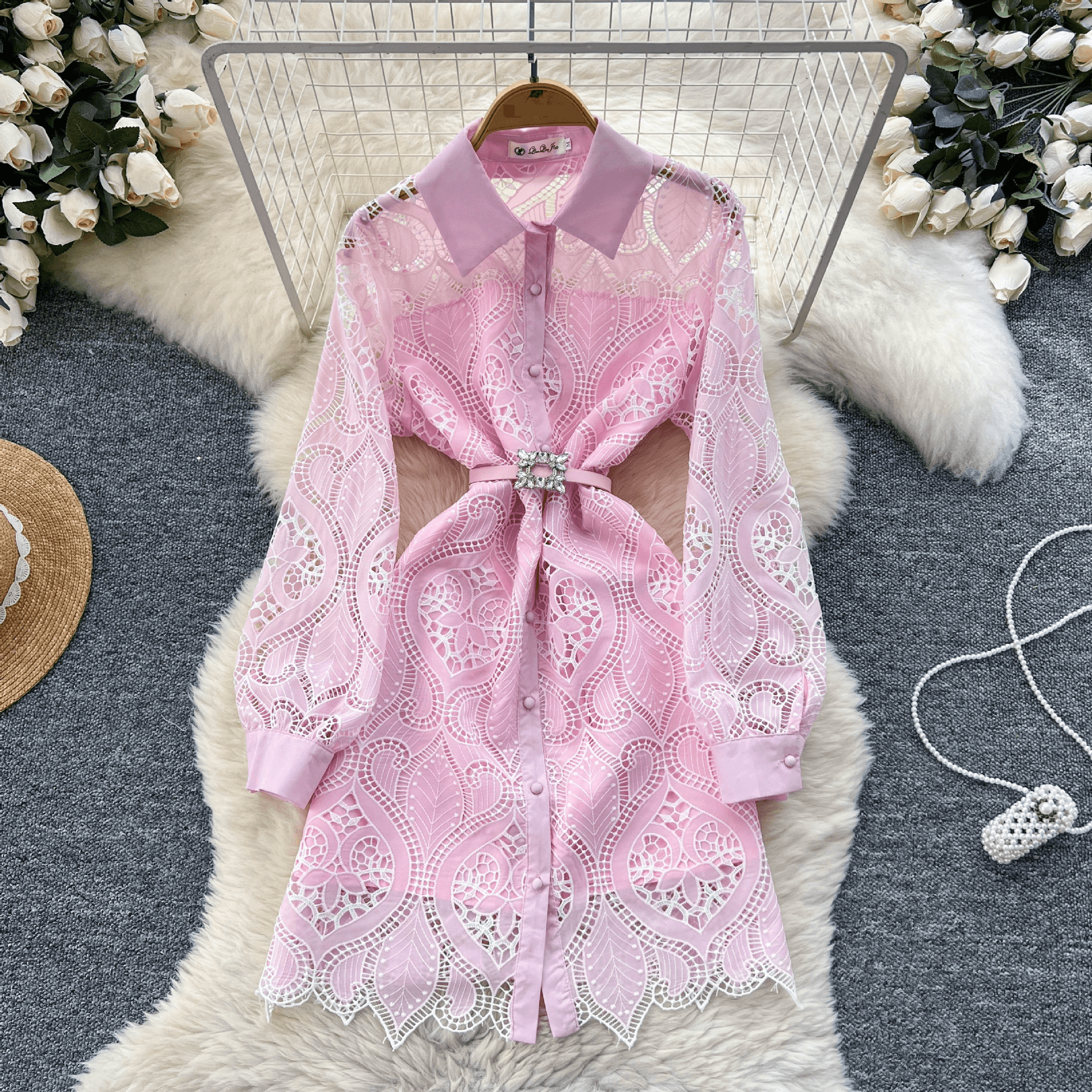 Women's Clothing Heavy Hollow Hook Embroidery Waist Single Breasted Dress Elegant Skirt