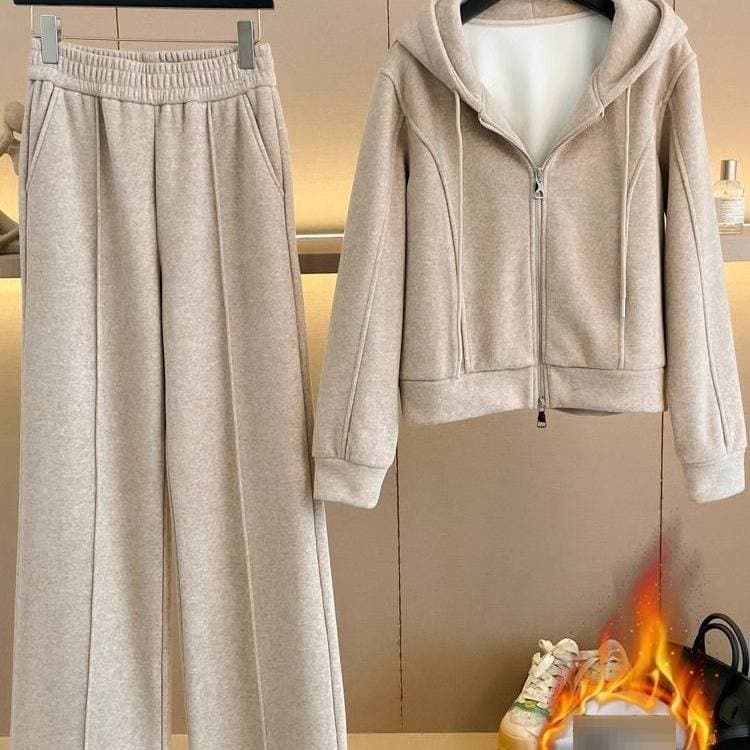 Fleece-Lined Hoodie & Wide-Leg Pants Set – Oversized Winter Lounge Outfit, Cozy Two-Piece In Oatmeal (Plus Size Friendly)