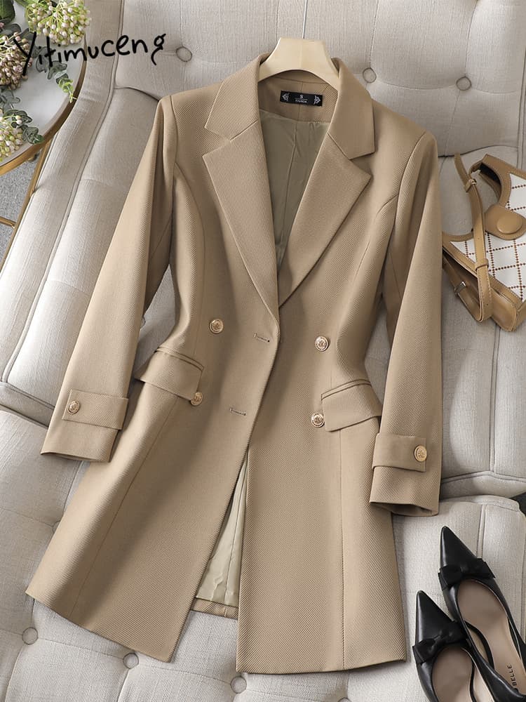 Yitimuceng Blazer Jackets for Women Autumn Winter 2023 New Korean Fashion Long Sleeve Double Breasted Casual Midi Blazer