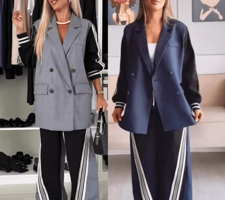 Women's Clothing autumn and winter new long sleeved splicing double breasted suits striped loose trousers two piece suit