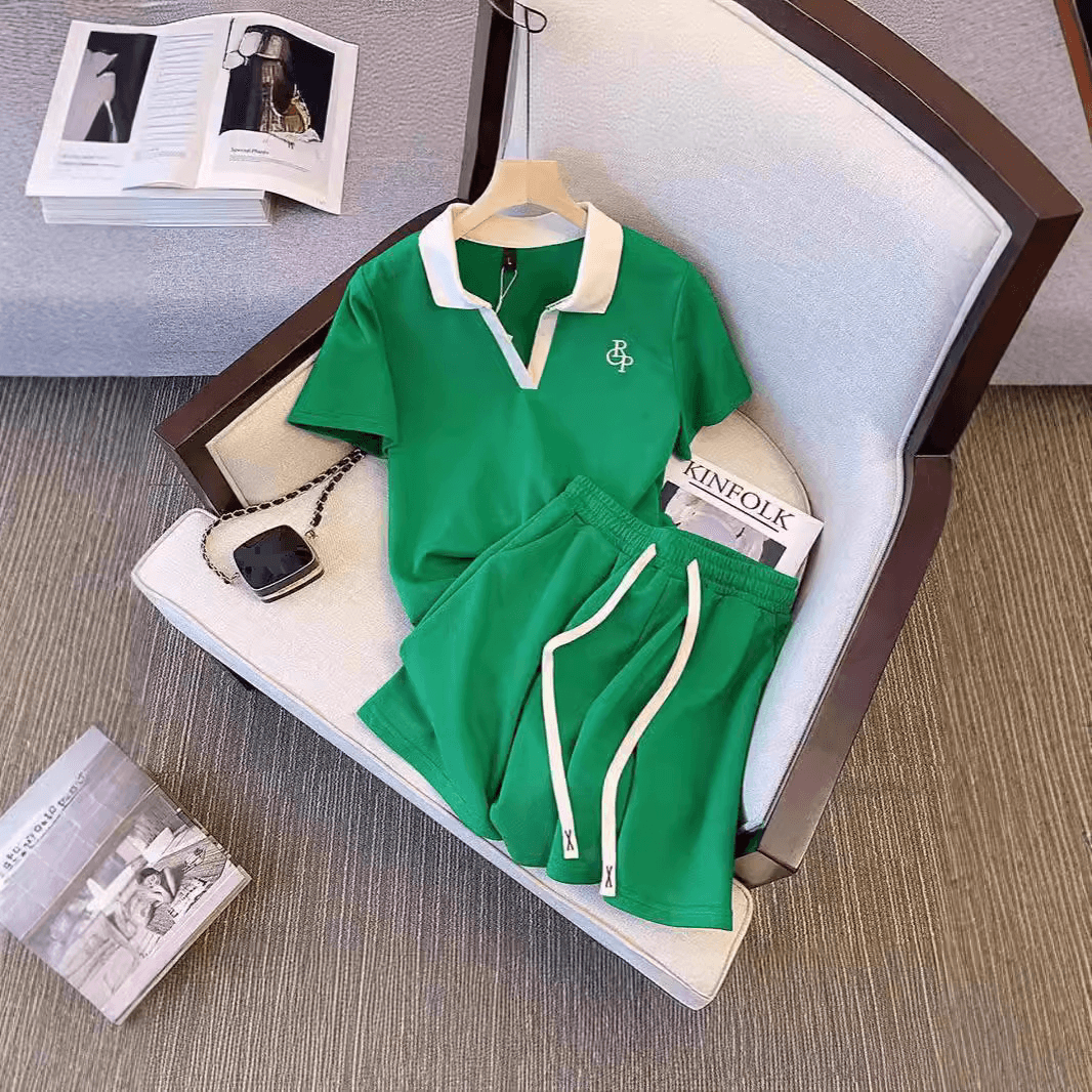 Stitching Contrast Color Design Casual Sports Suit Women's Summer New Fashion Loose Short Sleeved Shorts Two Piece Suit
