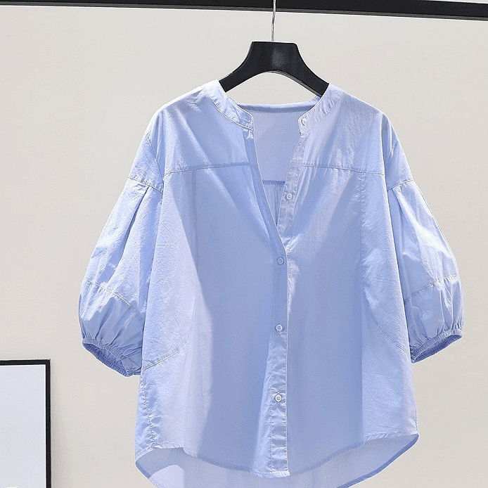 Women's Clothing Summer Tops Light Blue Stand Collar Lantern Sleeve Shirt Women's Small Fresh Loose Casual Shirt