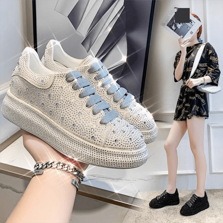 Women's Rhinestone Platform Sneakers - Fashion Chunky Sole Casual Shoes With Sparkle Crystals For Daily Wear