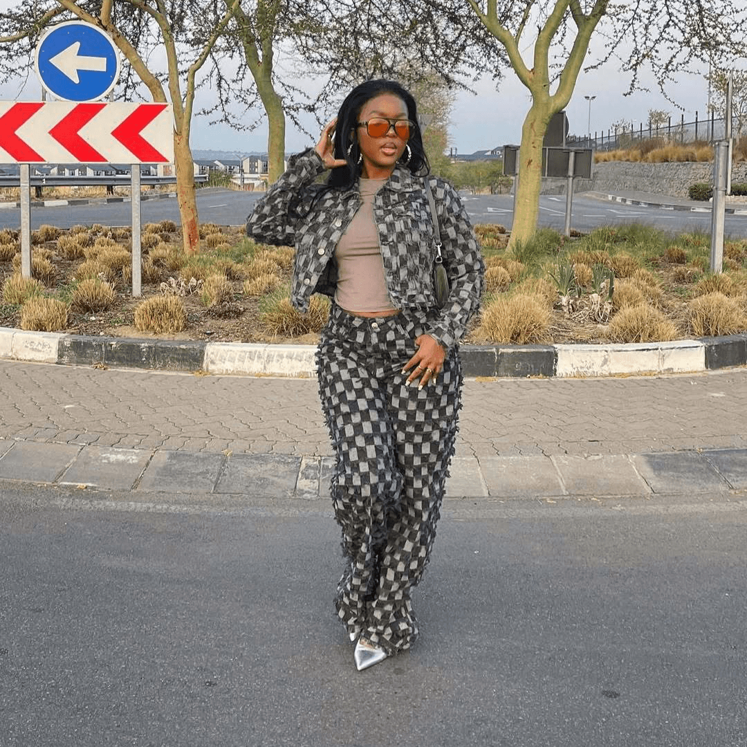 Women's Clothing Casual Jacquard Plaid Washed Denim Suit Women's Casual Jacquard Checkered Washed Denim Outfit Set Winter Wear Grey S-XXL