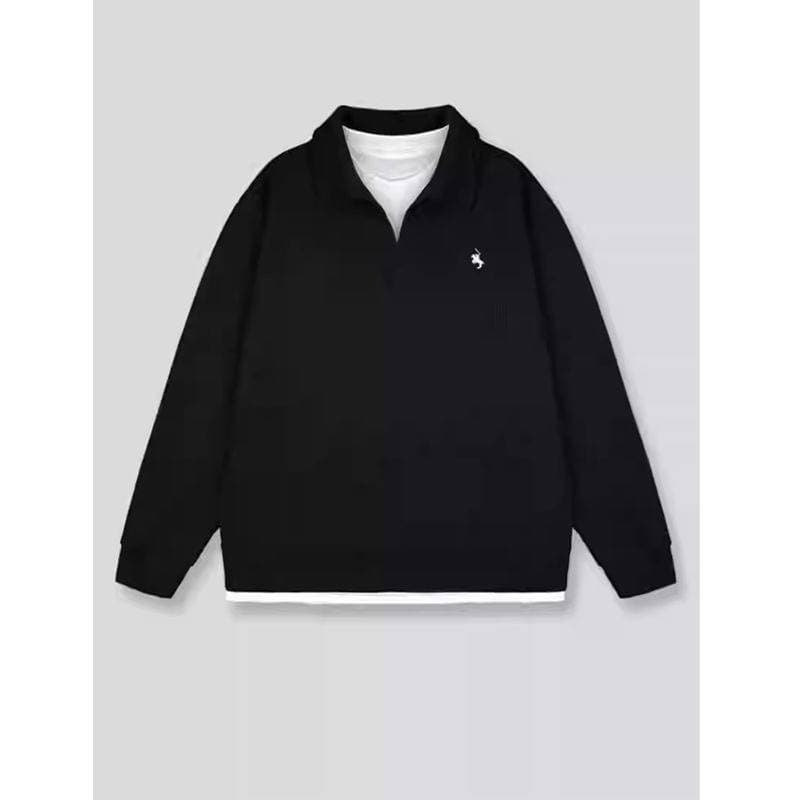Men's Clothing 2026 Spring/Autumn New Style Faux Two-Piece Pony Embroidered Waffle Casual Collar Sweatshirt