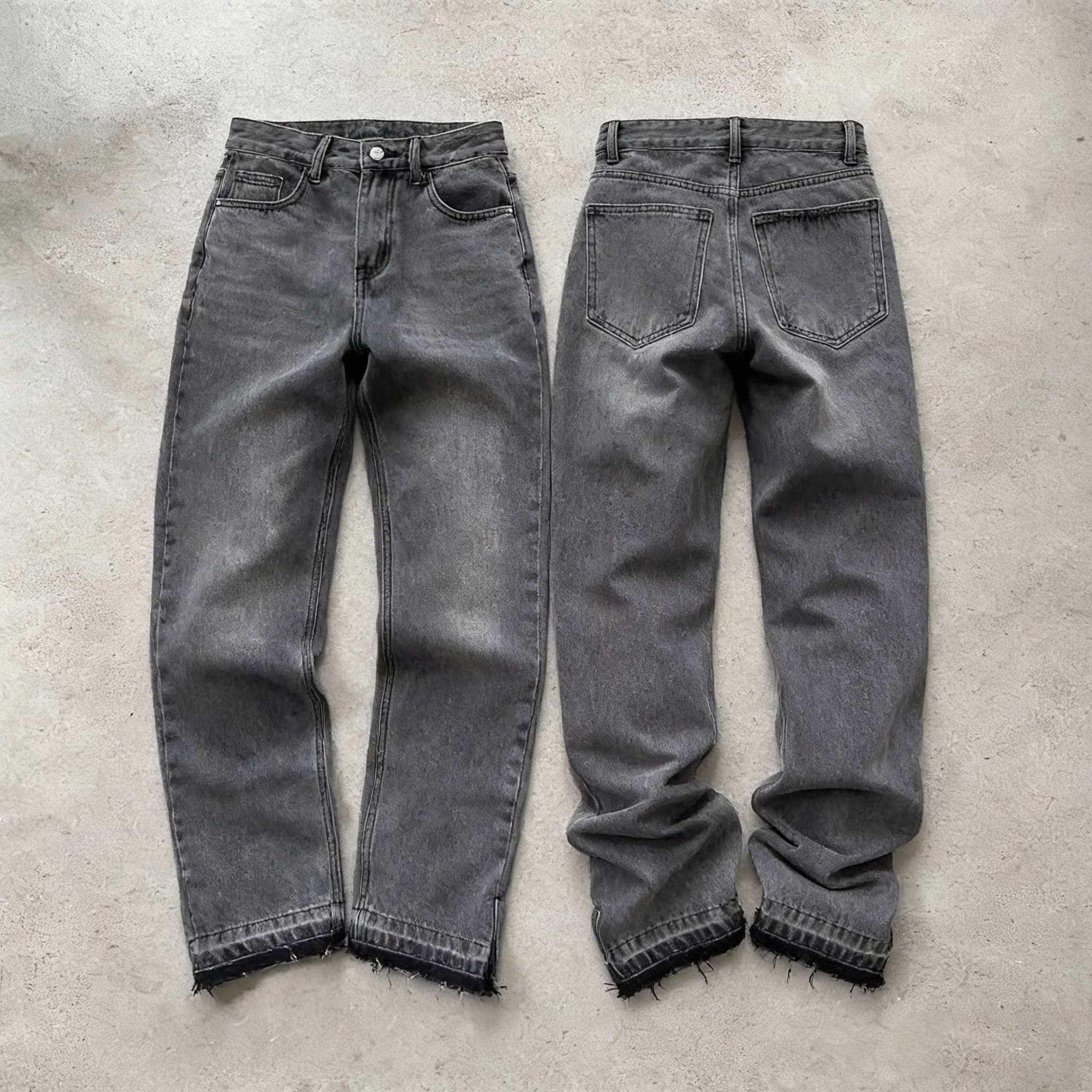 Men's Clothing Distressed Flared Jeans - Vintage Grey Cleanfit Denim With Frayed Hem, High Street Micro Bell Bottoms
