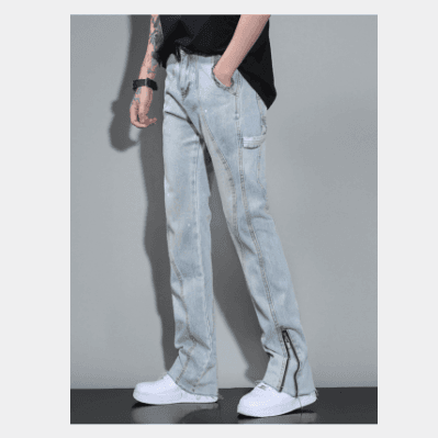 Men's Clothing Jeans For Men High Street Zipper Slit Ink Splash Hip Hop Handsome Trendy Casual Straight Flared Pants