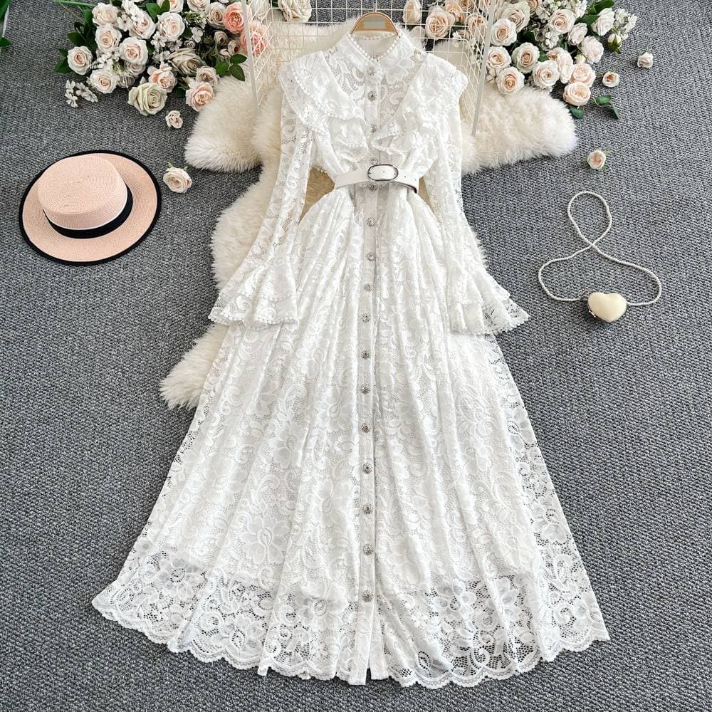 Women's Elegant High Waist A-Line Midi Dress Lace Embroidery Flounce Hem Classic White Black