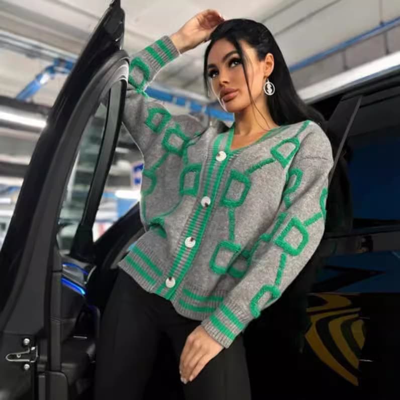 Women's Clothing Autumn and Winter New Casual Color contrast Letter Single breasted Long sleeved Knitted Sweater Cardigan Jacket