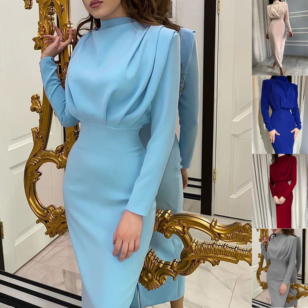 Women's Clothing autumn new fashion temperament waist style solid color long sleeved dress