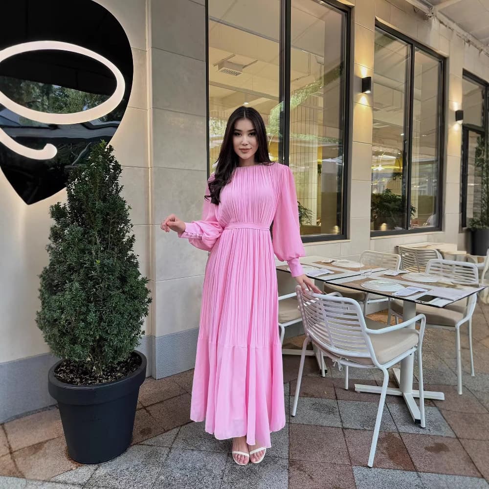 Elegant French Pleated Flowy Chiffon Maxi Dress - Flattering A-Line Silhouette With Breathable Fabric For Women