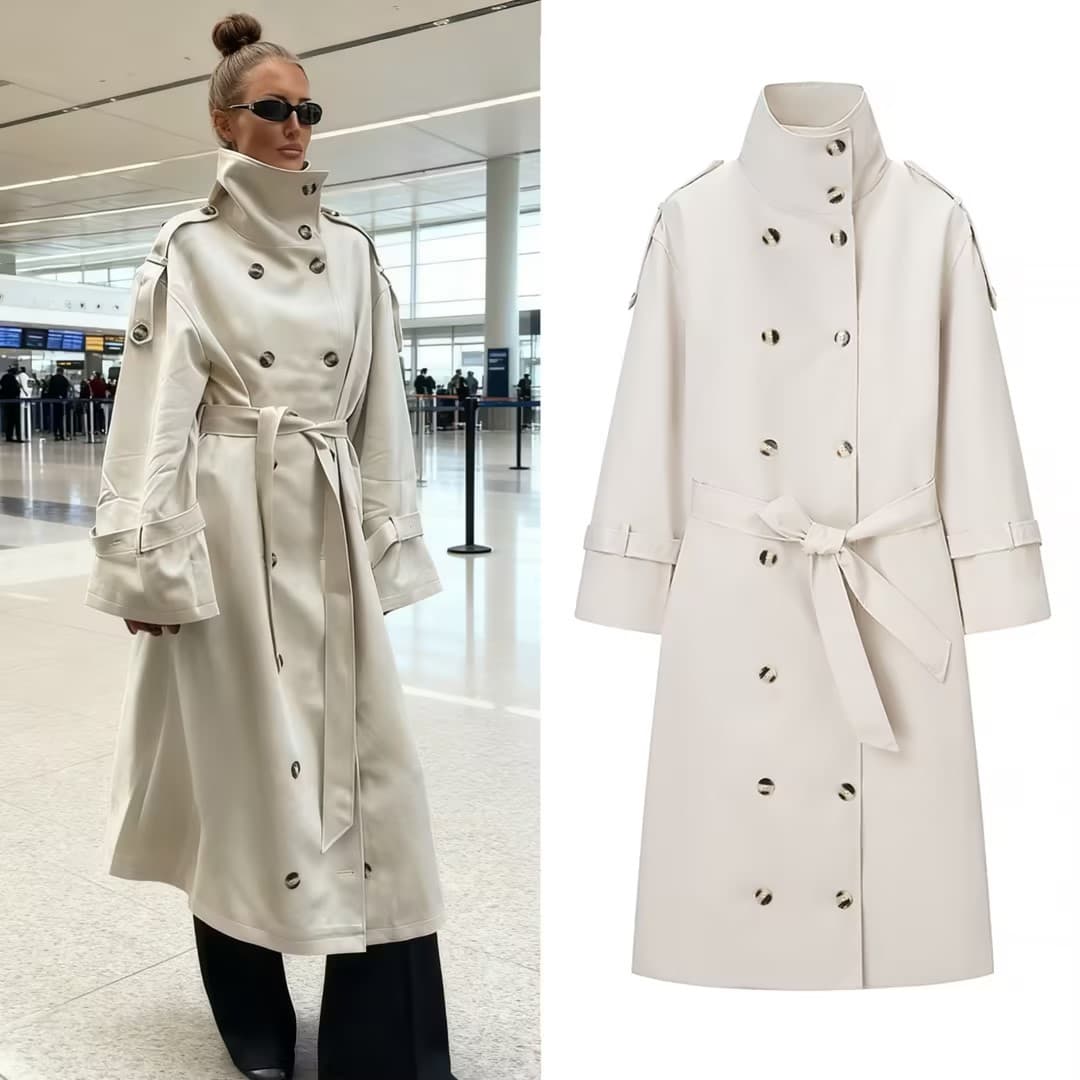 Women's Clothing Elegant Double-Breasted Long Trench Coat With Stand Collar - Stylish Winter Overcoat Classic Urban Fashion, Polyester Blend