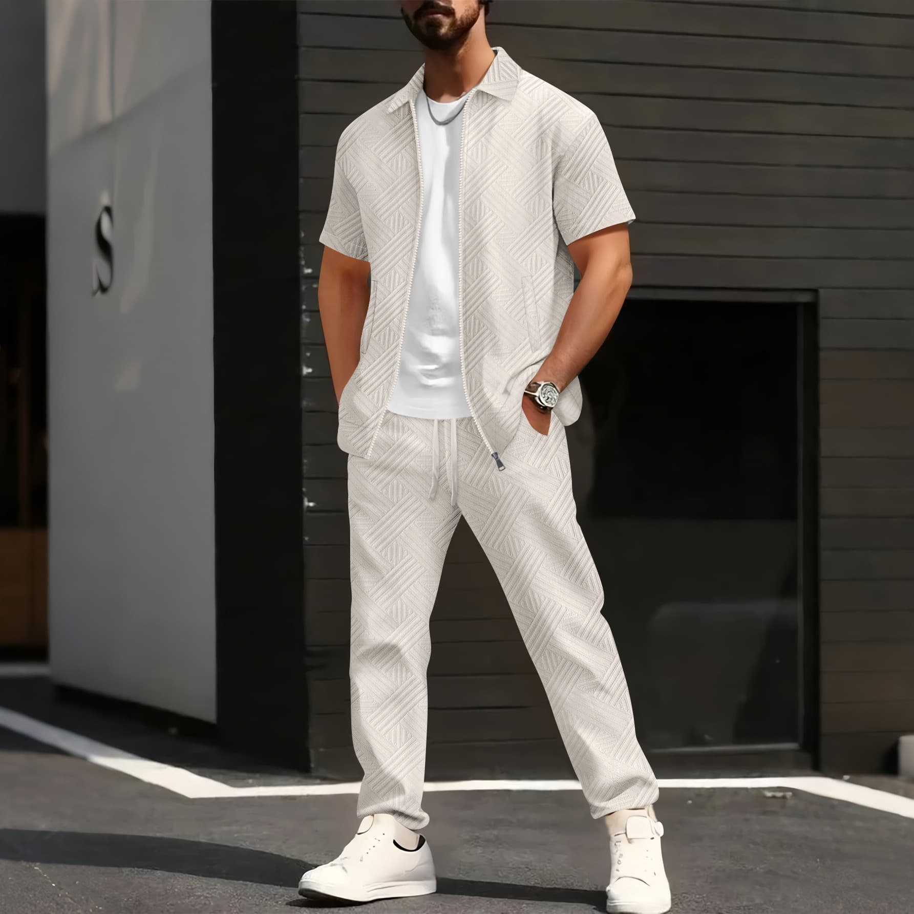 New Men's Casual And Fashionable Short-sleeved Jacket And Shirt With Solid-colored Drawstring Trousers Two-piece Set Male Clothing