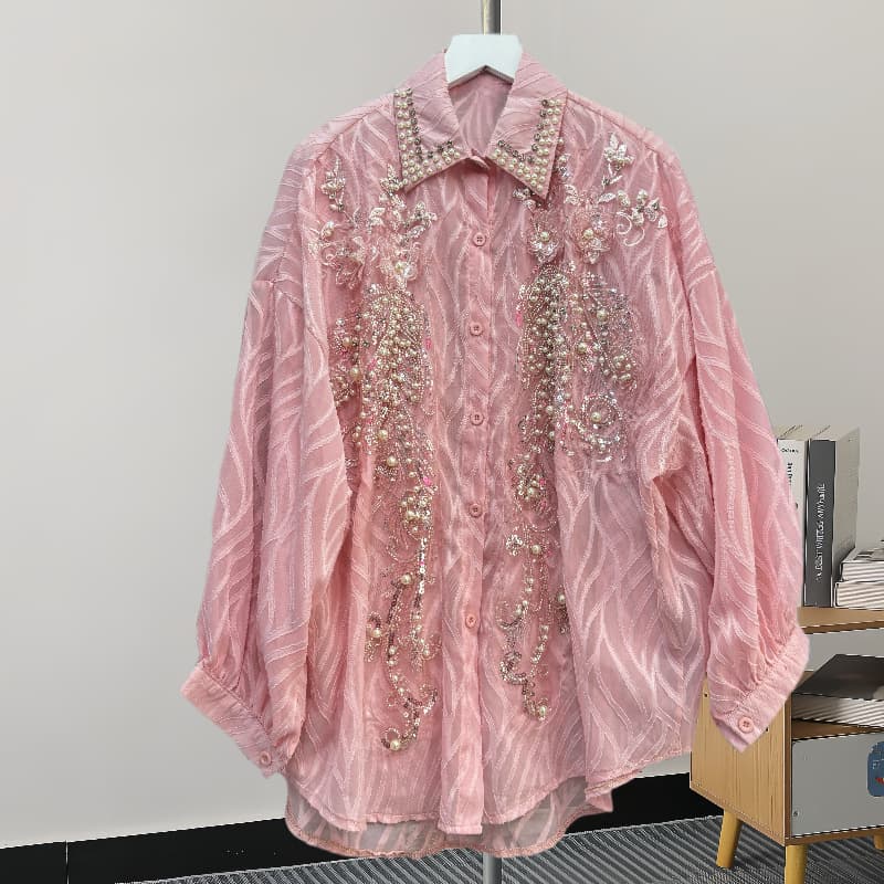 Women's Clothing All Match Long Sleeved Shirt Design Niche Medium Length Heavy Sequined Diamond Shirt
