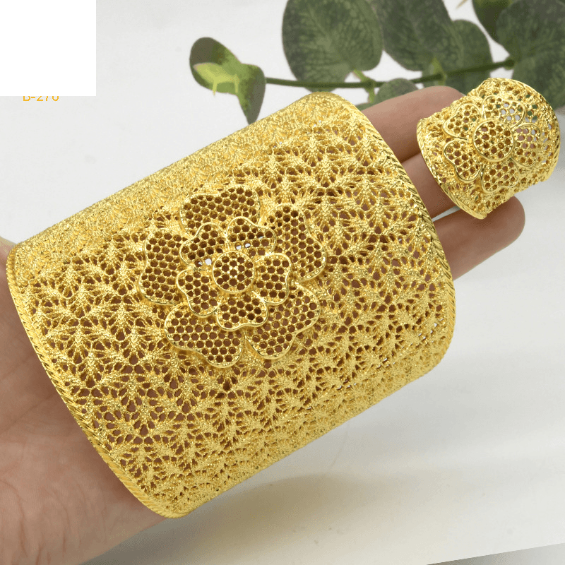 Cross-border gold-plated flower bracelet ring set ethnic style hollow copper bead bracelet ring long-lasting and does not fade