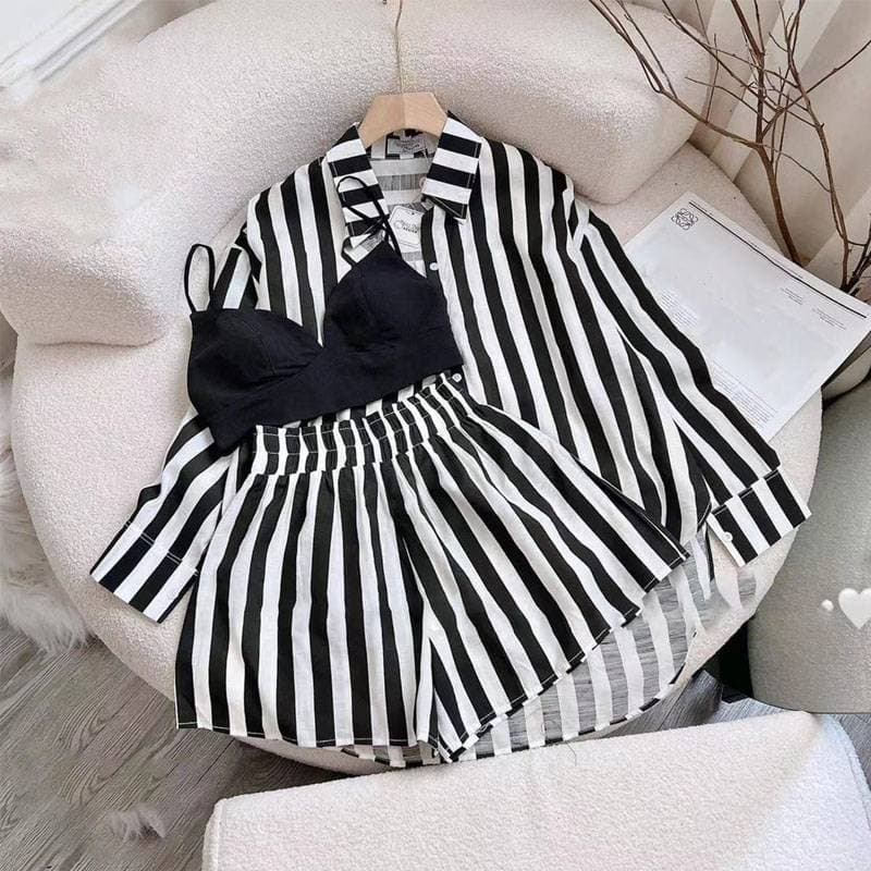 Women's spring and autumn large size loose fashion striped shirt long-sleeved sports suit two-piece set