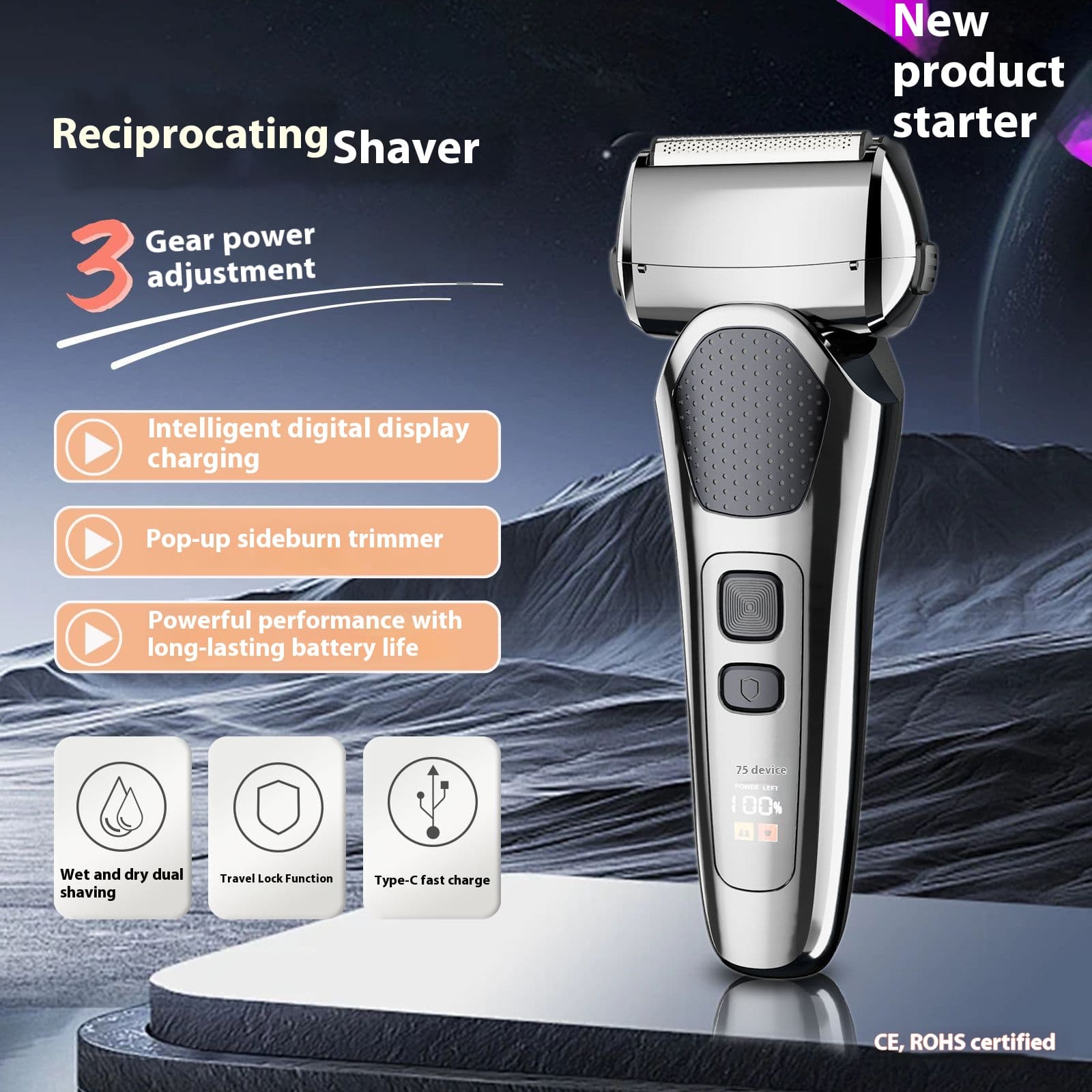 Reciprocating Electric Shaver – 3D Floating Heads, LED Power Display, 120min Runtime & IPX7 Waterproof For Men (Black/Gunmetal)