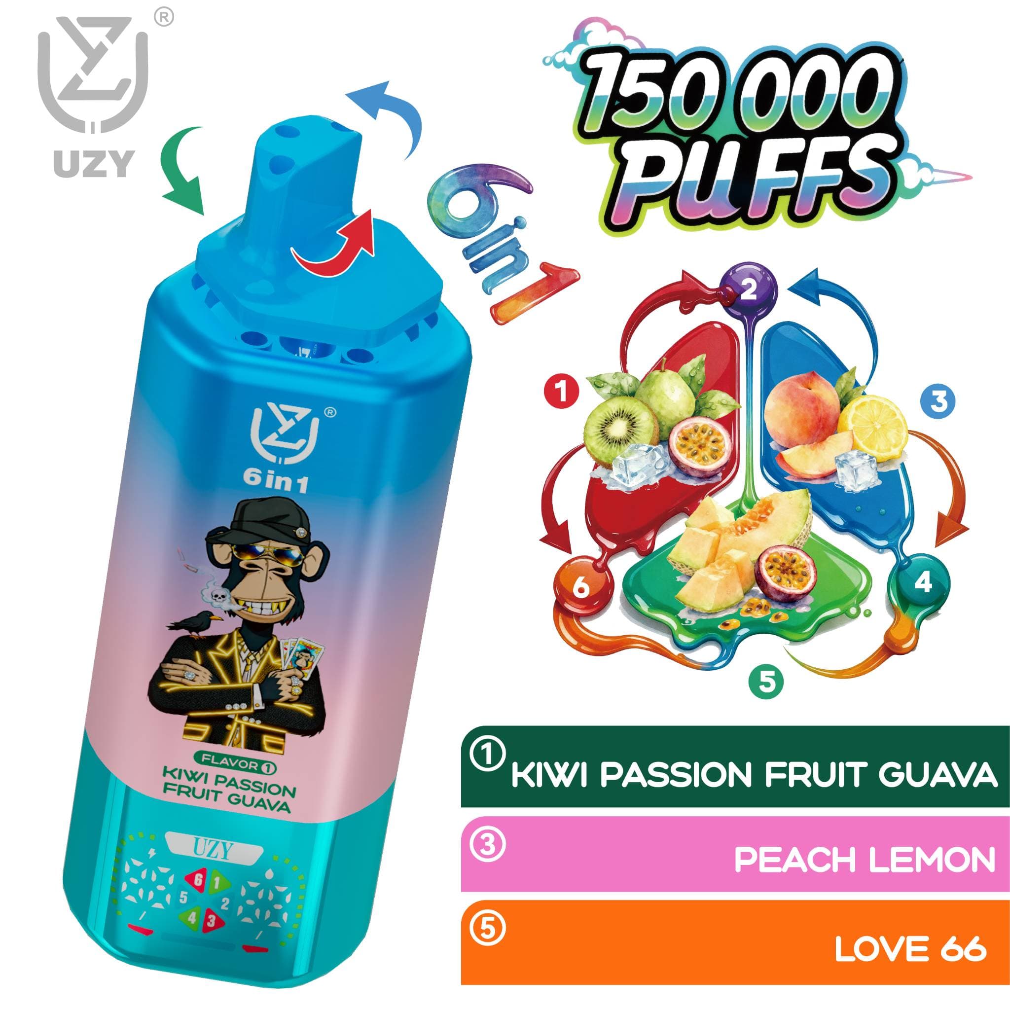 10 cigarettes électroniques jetables UZY 6 en 1, 150 000 bouffées de liquide, système de saveur rotatif 6 en 1.
