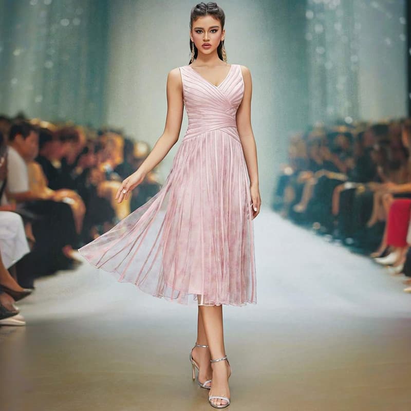 ​Elegant Pink Runway Evening Dress – Sleeveless A-Line Prom Dress With Deep V-Neck & Open Back (S-XL)​