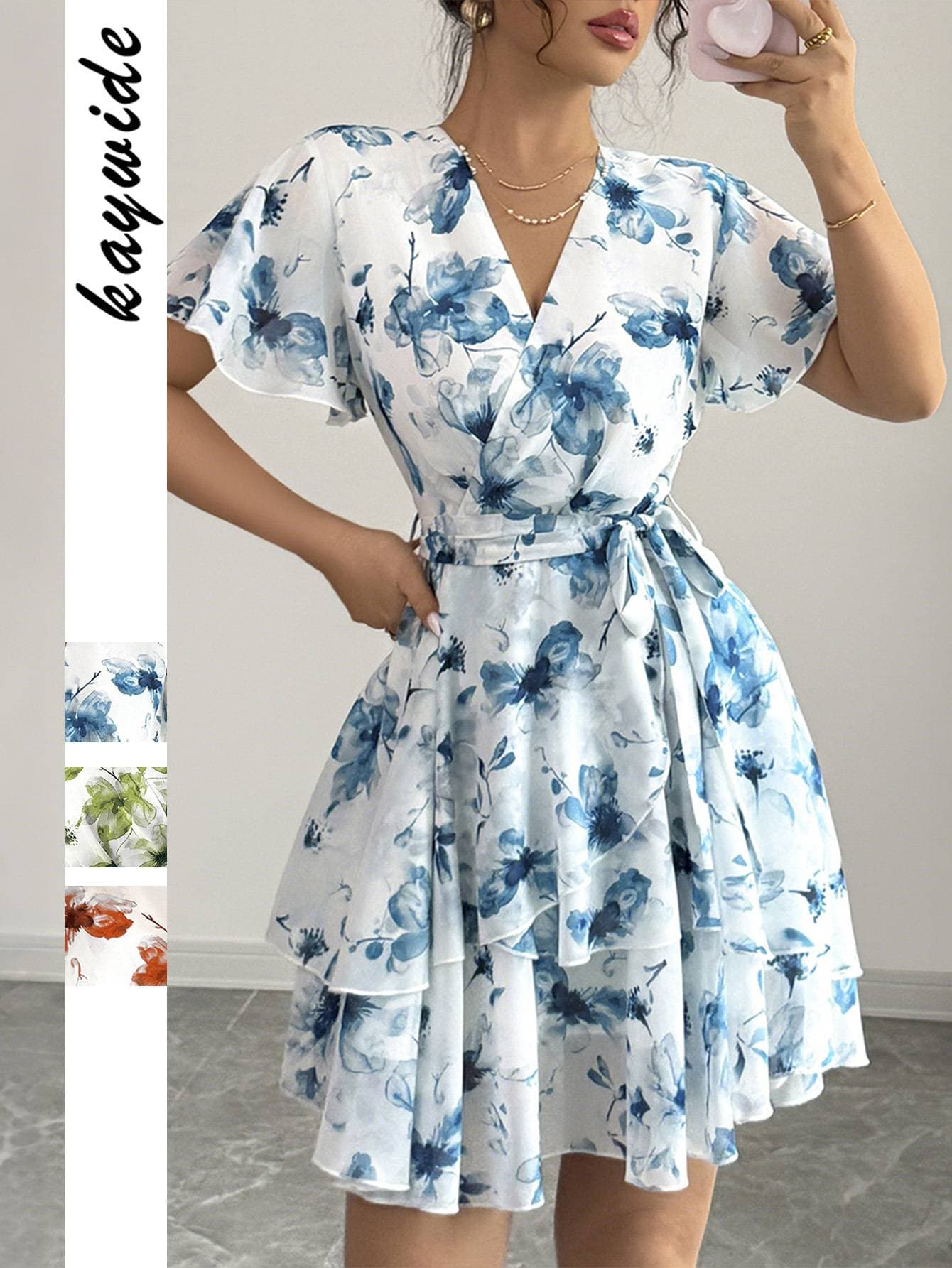 Boho Floral Print Tiered Dress V-Neck Short Sleeve Midi Dress With Ruffle Hem, High Waist & A-Line Fit S-XL, Perfect For Vacation & Summer