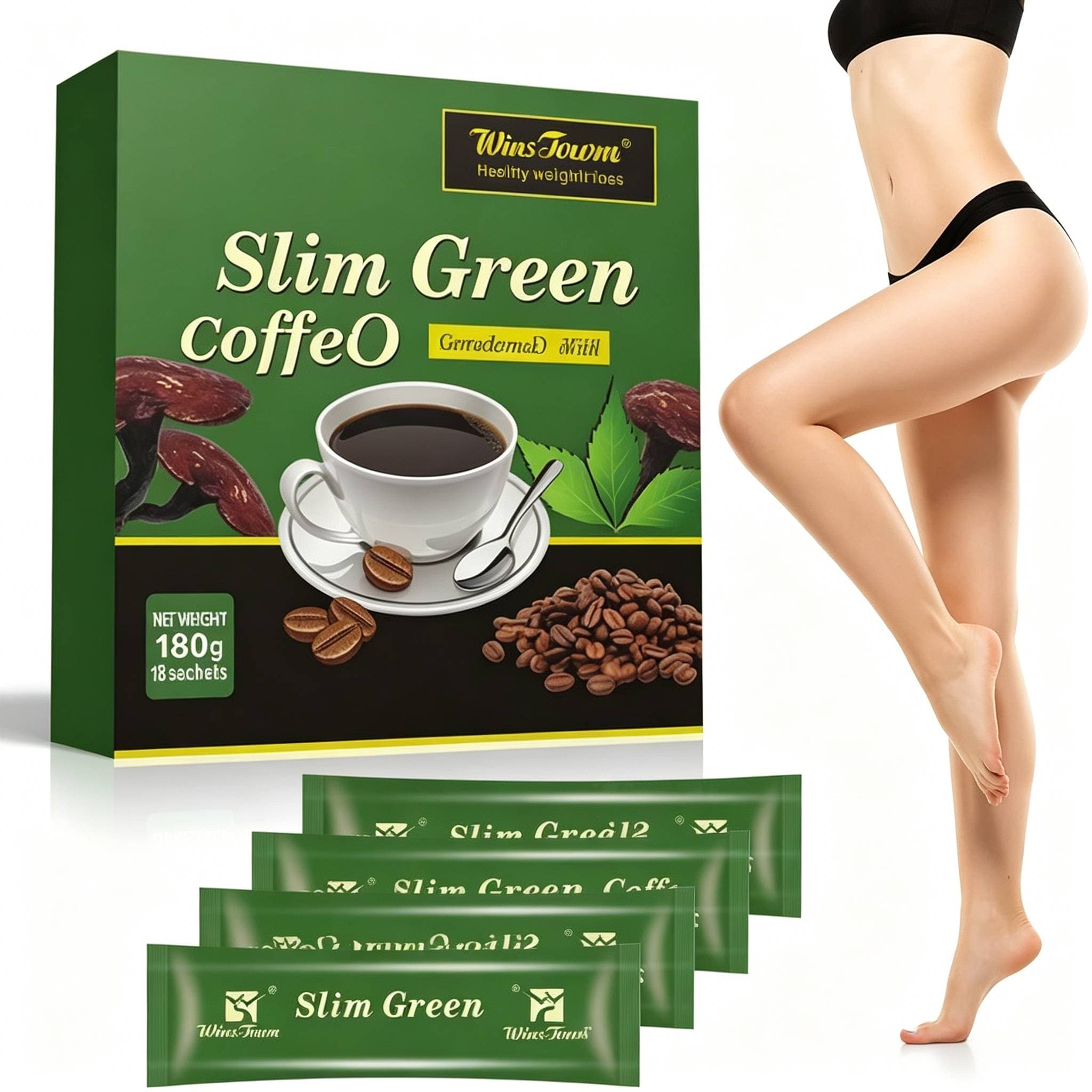WinsTown Slim Green Coffee With L-Carnitine & Ganoderma, Fast Weight Loss Fat Burner, Natural Appetite Suppressant Instant Coffee, 180g 18 Sachets